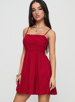 side view of model wearing Princess Polly Ketzia Mini Dress Red Square Neck 