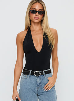 front view of model wearing Princess Polly Kendrae Plunge Halter Bodysuit Black Sleeveless 