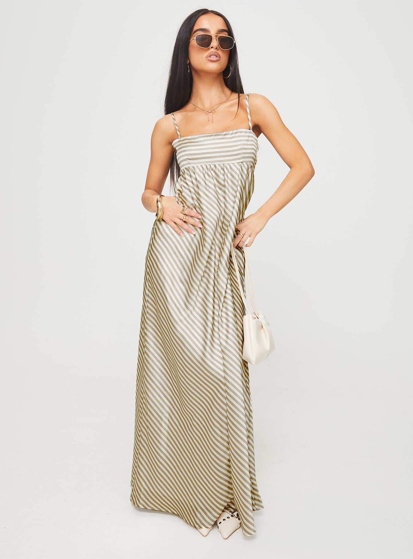front view of model wearing Princess Polly Pansotti Maxi Dress Beige / White Stripe Square Neck 