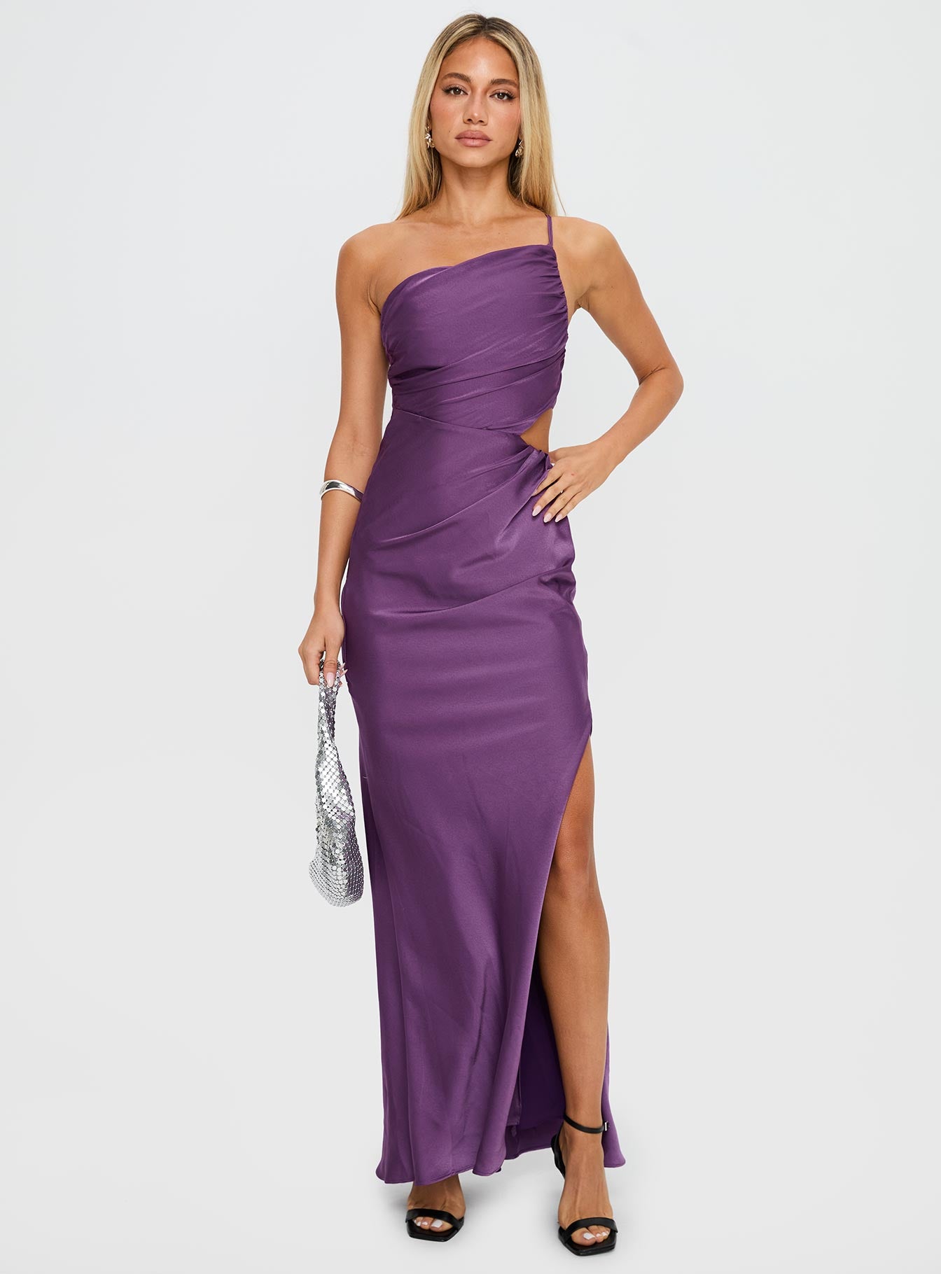 front view of model wearing Princess Polly Leading Role One Shoulder Maxi Dress Purple Asymmetric Neckline 