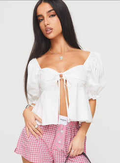 back view of model wearing Princess Polly Yuie Blouse Top White Half Sleeves Sweetheart 