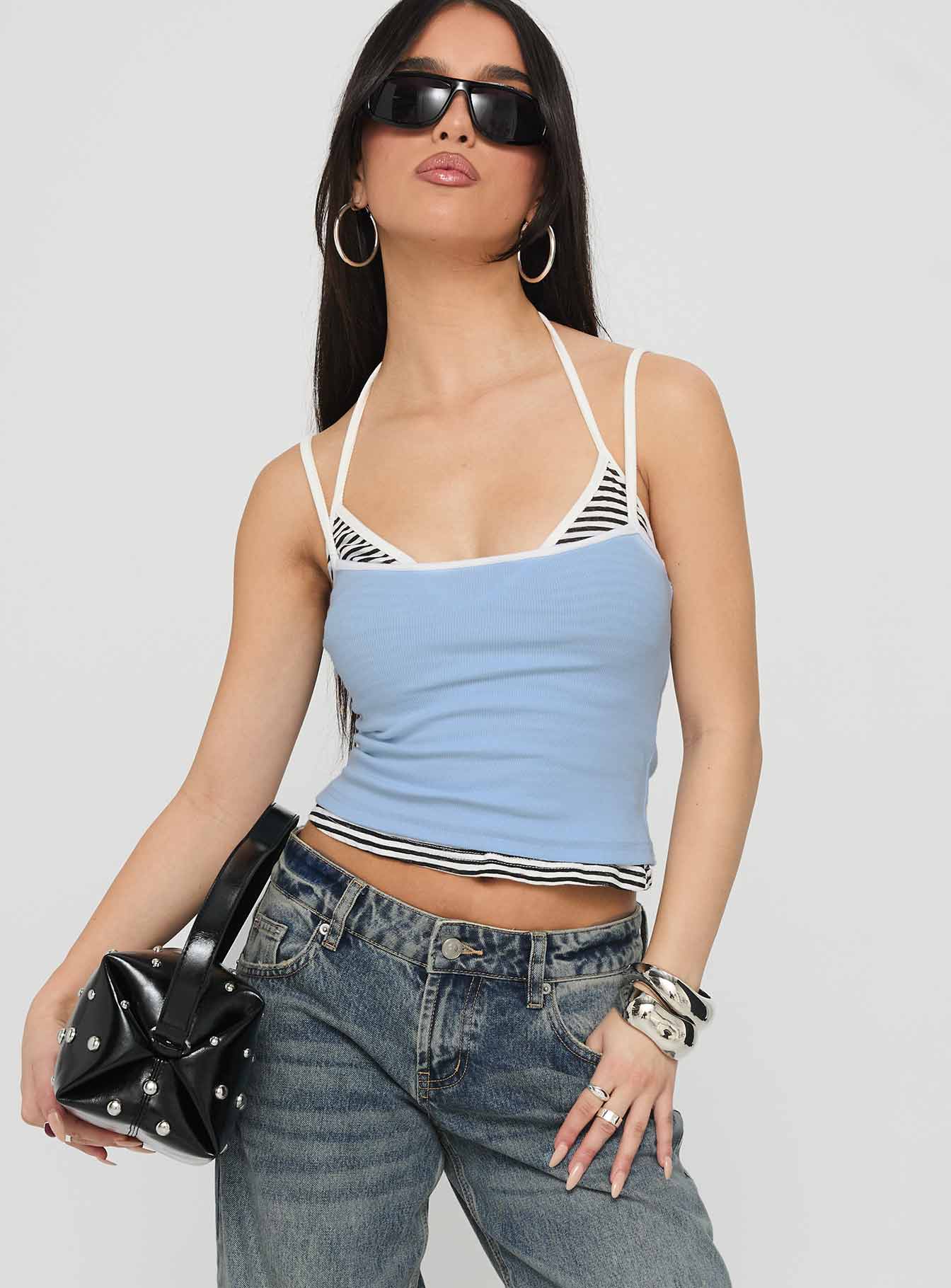 Franki Halter Layered Top Blue Multi Stripe
