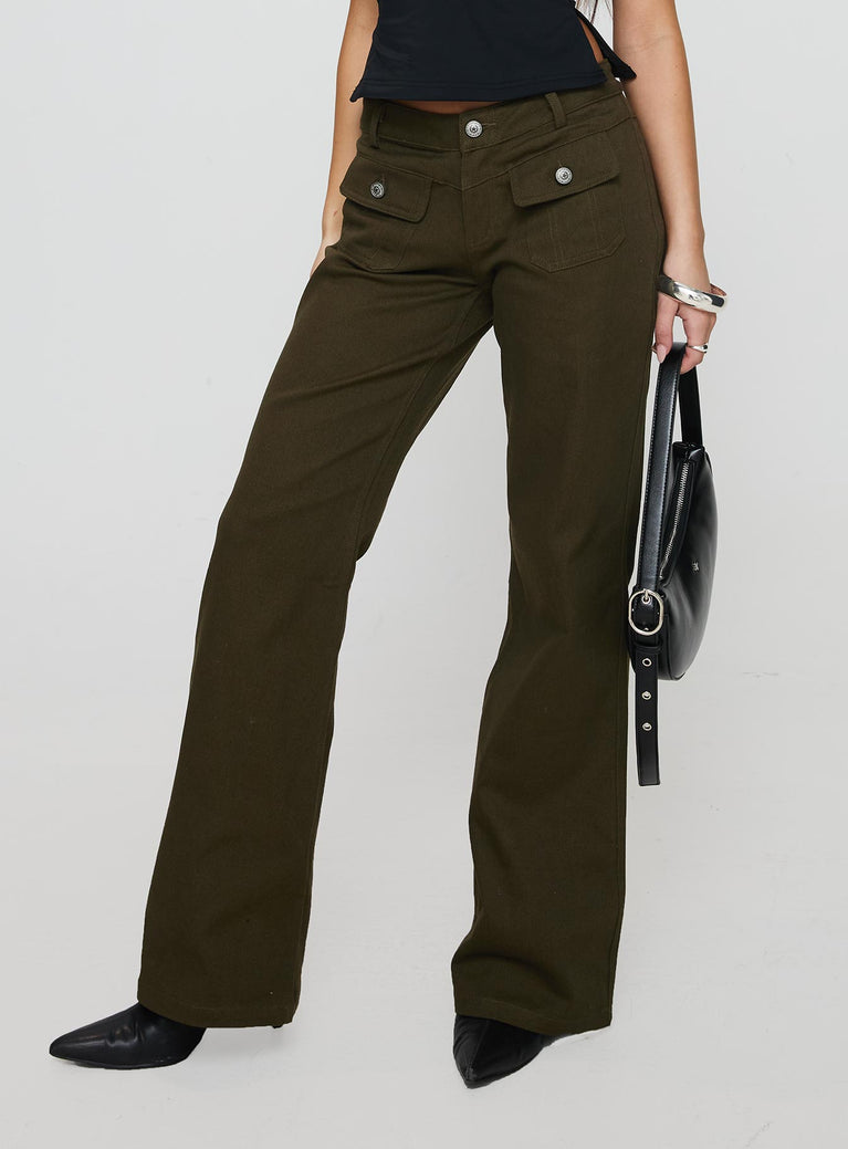 front view of model wearing Princess Polly Benicale Low Rise Cargo Pants Olive 