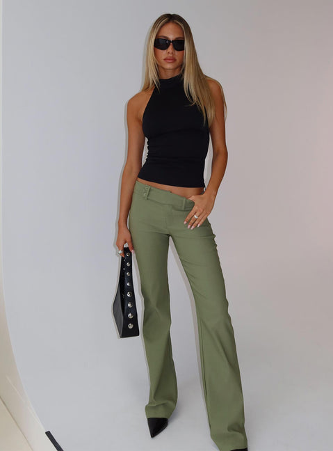 front view of model wearing Princess Polly Kinkirk Flared Pants Olive Green Low Rise Pants 