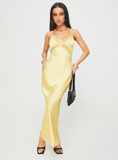 front view of model wearing Princess Polly Treasure Bias Cut Maxi Dress Lemon V-Neck 
