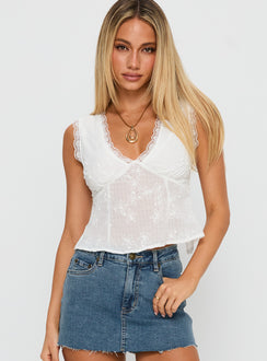 front view of model wearing Princess Polly Hagea Top White Sleeveless Plunger 