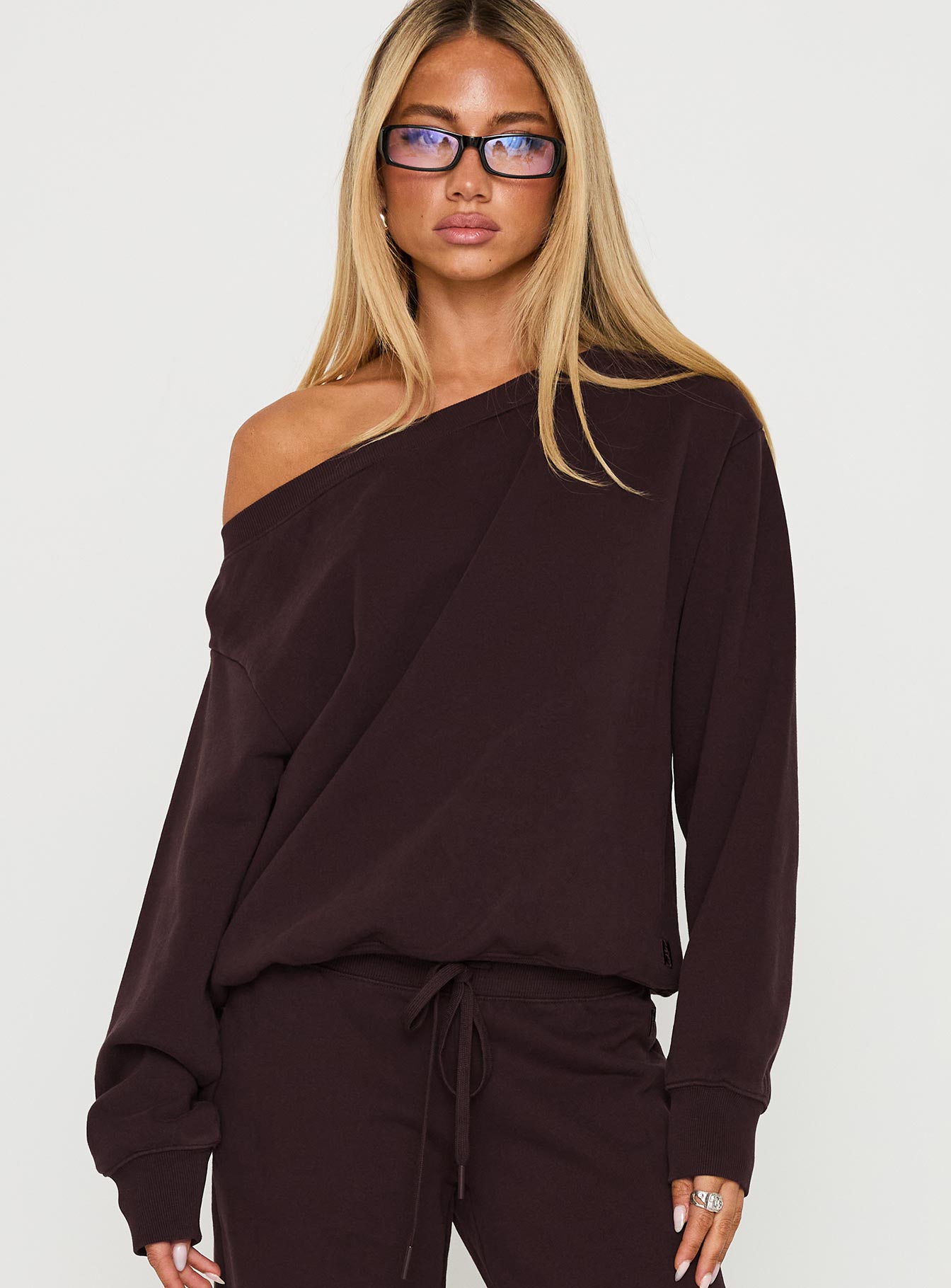 front view of model wearing Princess Polly Wellness Off The Shoulder Jumper Brown Longline Jumpers 