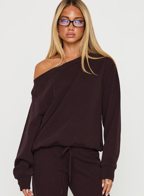 front view of model wearing Princess Polly Wellness Off The Shoulder Jumper Brown Longline Jumpers 