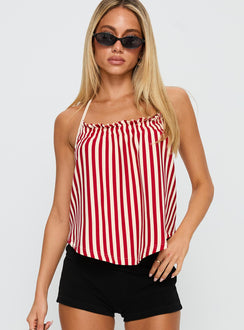 front view of model wearing Princess Polly Full Of Flash Top Red Stripe Sleeveless Square Neck 