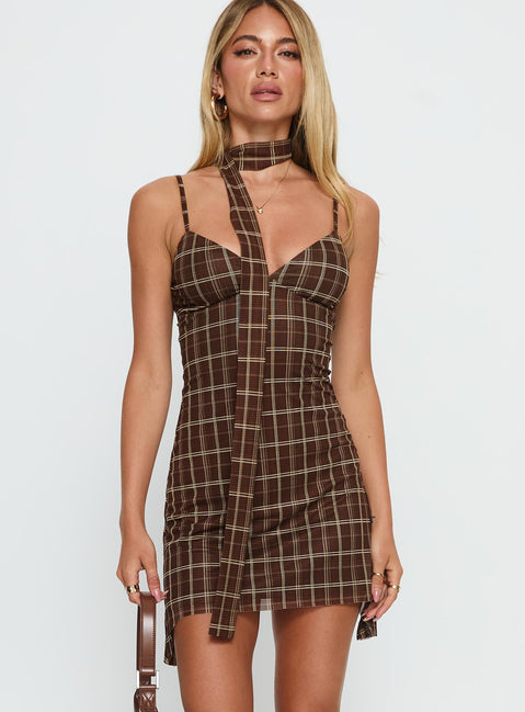 Love Unknown Scarf Tie Mini Dress Brown Check