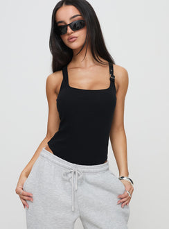 front view of model wearing Princess Polly Novelle Bodysuit Black Sleeveless Square Neck 