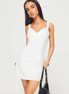 side view of model wearing Princess Polly Almuna Mini Dress White V-Neck 