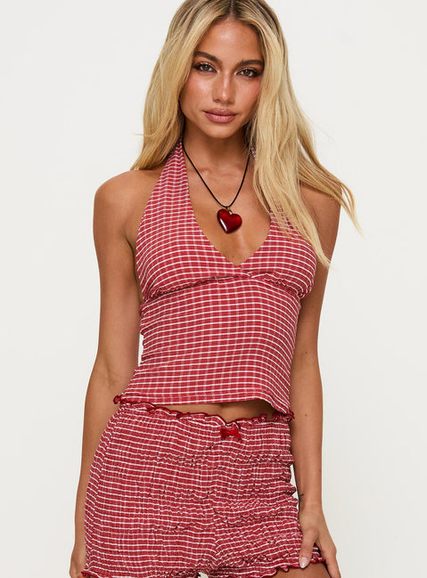 front view of model wearing Princess Polly Whimsy Halter Top Red Gingham Sleeveless Plunger 