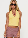 front view of model wearing Princess Polly Whimsy Halter Top Lemon Sleeveless Plunger 