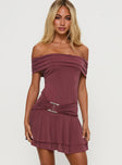 front view of model wearing Princess Polly Primadonna Off The Shoulder Mini Dress Mauve Straight Neck 