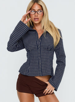 Cottesloe Long Sleeve Blouse Top Navy Check
