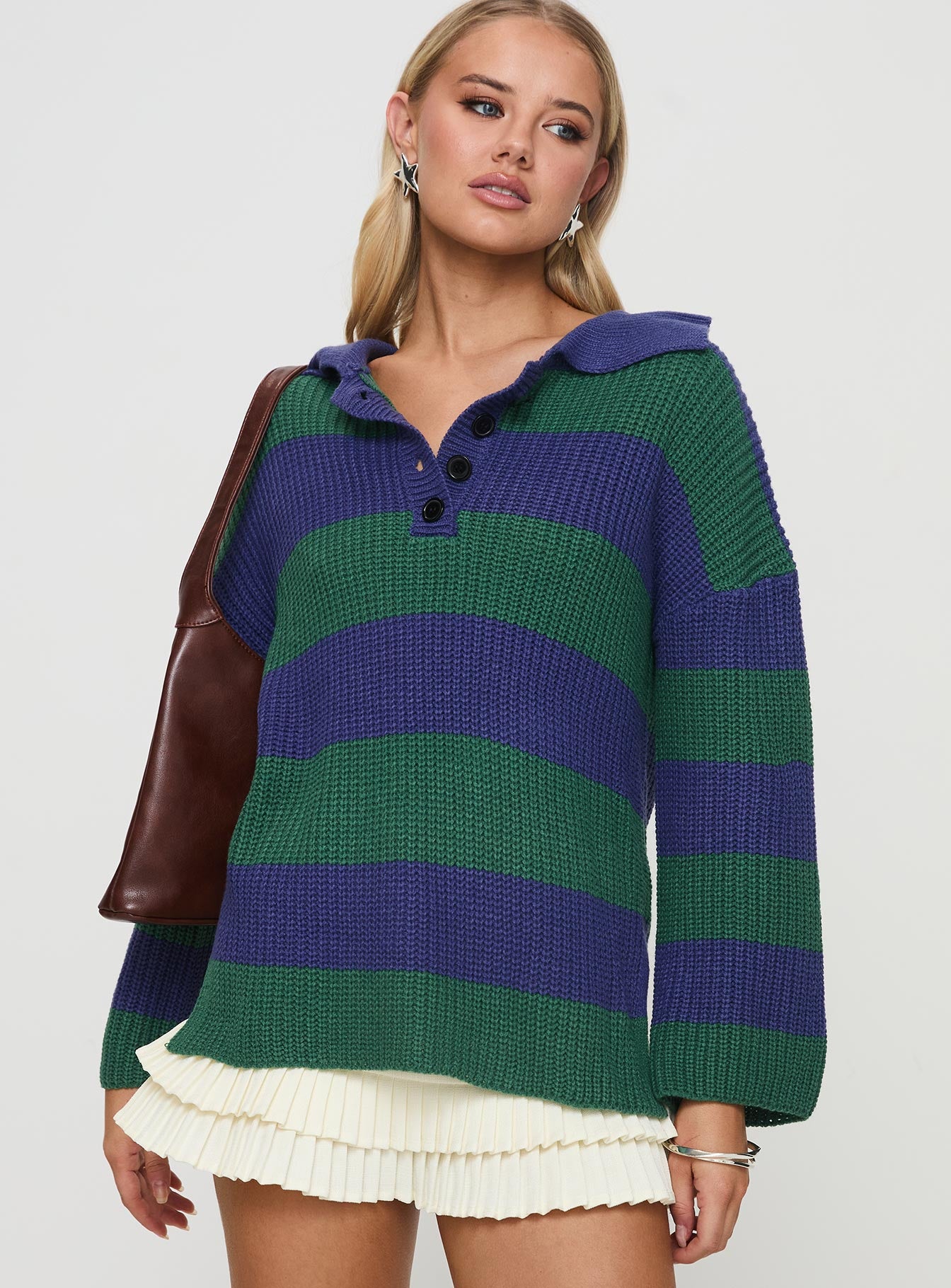 front view of model wearing Princess Polly Olivah Jumper Blue / Green Long 