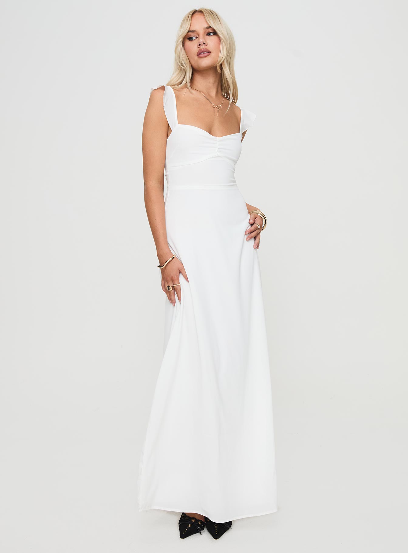 front view of model wearing Princess Polly Landon Maxi Dress White Sweetheart Neckline 