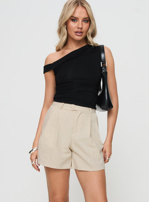 front view of model wearing Princess Polly Birchfield Shorts Beige High Waisted Shorts 