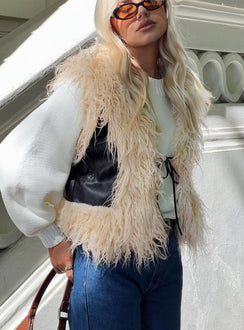 Vest  Faux leather & faux shearling, open front style, tie fastening at front  Non-stretch, lined