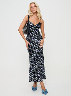 front view of model wearing Princess Polly Emily Maxi Dress Black / Floral Plunger 