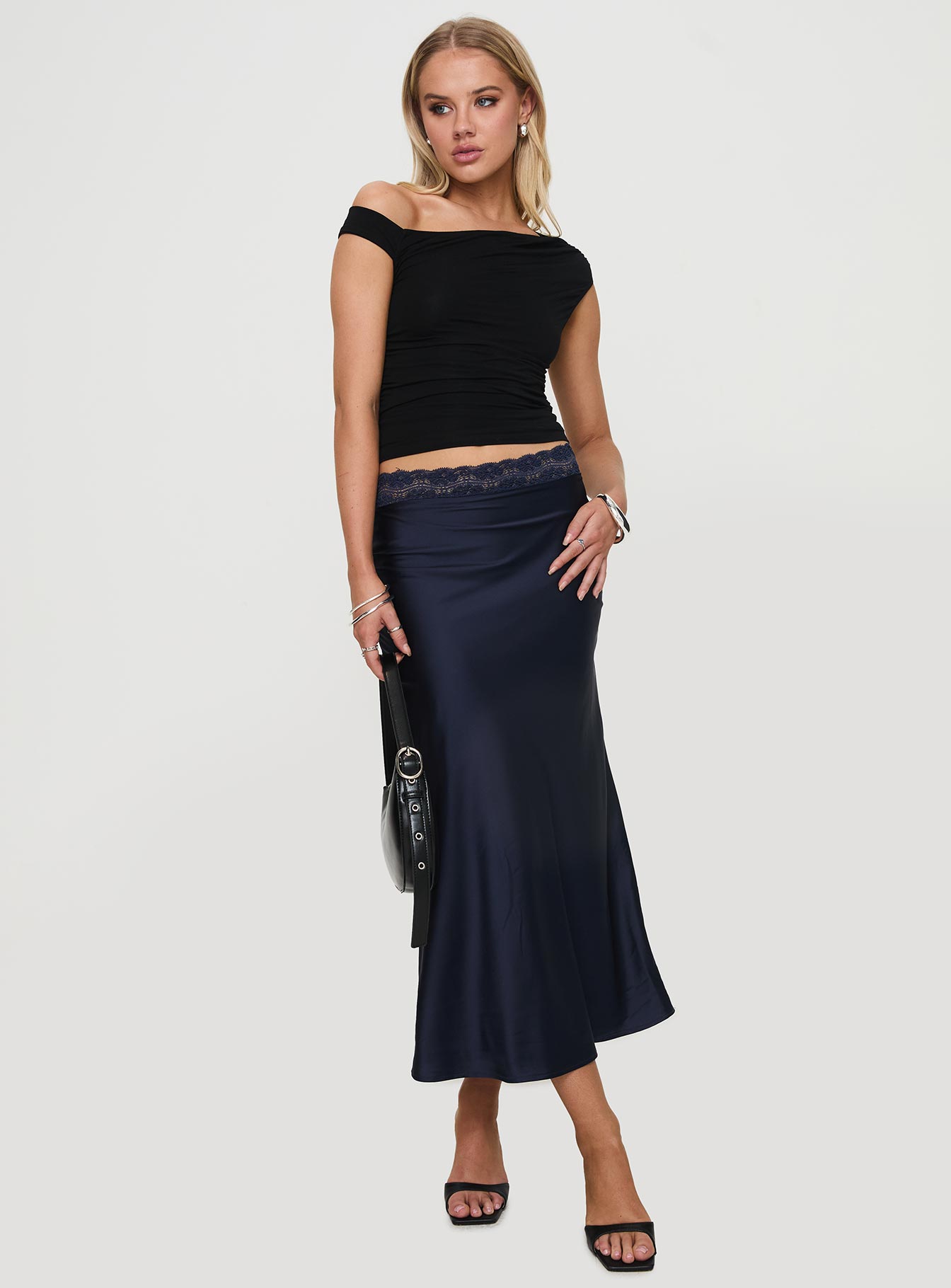   front view of model wearing Princess Polly The Charmaine Maxi Skirt Navy Midi Skirts 