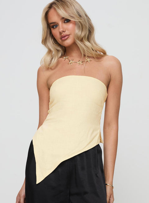 front view of model wearing Princess Polly Birdie Asymmetric Linen Blend Top Lemon Sleeveless straight 