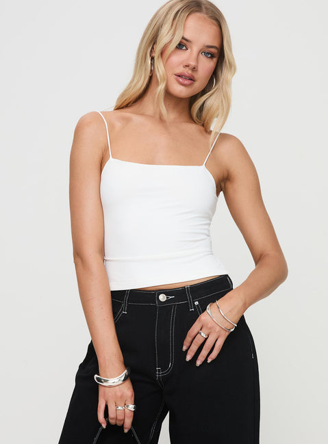 front view of model wearing Princess Polly Elissa Top White Sleeveless Square Neck 