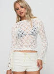 front view of model wearing Princess Polly Maddalyn Crochet Top White Full Sleeves Boat Neck 