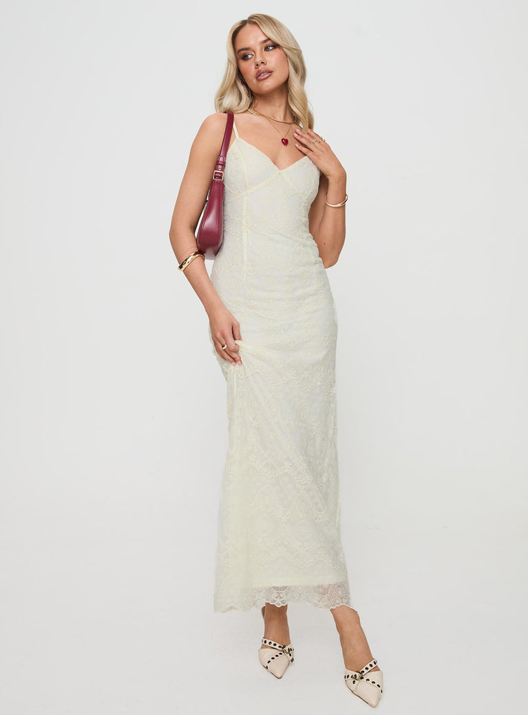 front view of model wearing Princess Polly Euphemia Maxi Dress Cream V-Neck 