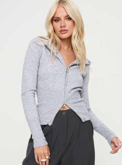 front view of model wearing Princess Polly Elingford Zip Up Hooded Sweater Lilac Marle Long 