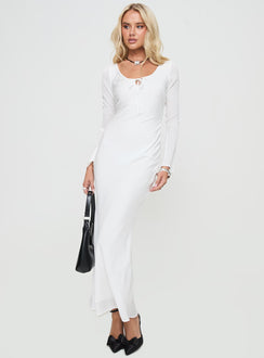 side view of model wearing Princess Polly Sorento Long Sleeve Bias Cut Maxi Dress White Scoop Neck 