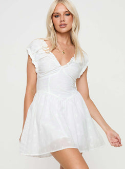 front view of model wearing Princess Polly Otilia Mini Dress White V-Neck 
