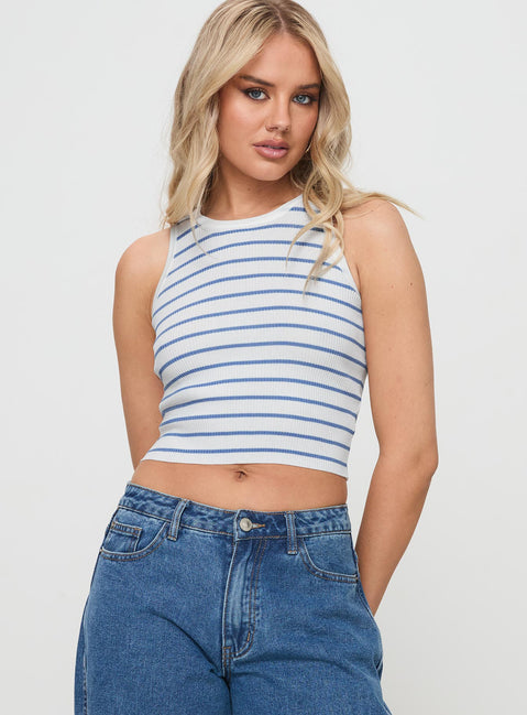 front view of model wearing Princess Polly Dupuis Top White / Blue Sleeveless Crew Neck 