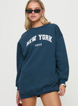 front view of model wearing Princess Polly New York Minute Mini Sweatshirt Dress Navy Crew Neck 