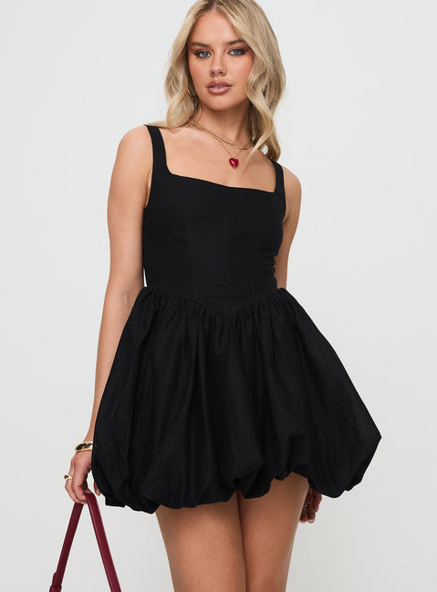 front view of model wearing Princess Polly Alcott Bubble Hem Mini Dress Black Square Neck 