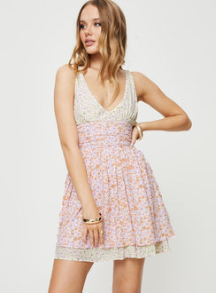 Front view of model wearing  front Princess Polly Crew Neck  Haily Mini Dress Multi Floral