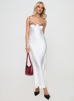side view of model wearing Princess Polly Kenzie Maxi Dress White Sweetheart Neckline 