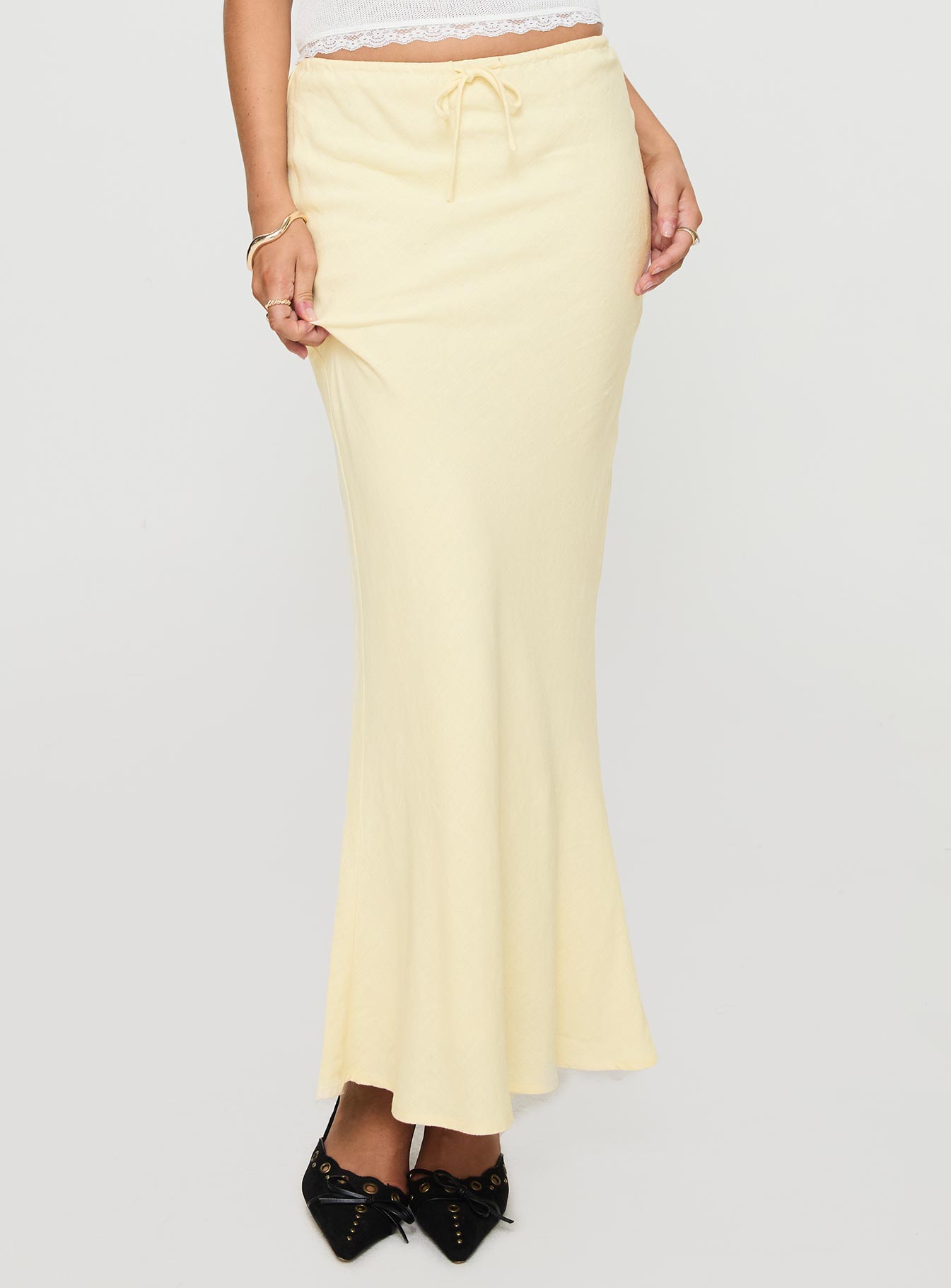   front view of model wearing Princess Polly Mercer Linen Blend Maxi Skirt Lemon Maxi 