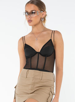 back view of model wearing Princess Polly Bamba Bodysuit Black Sleeveless 