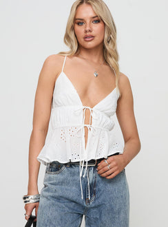 front view of model wearing Princess Polly Roux Top White Sleeveless Plunger 