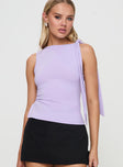 front view of model wearing Princess Polly Garland Top Purple Sleeveless Boat Neck 