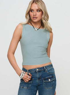 front view of model wearing Princess Polly Casado Top Blue Sleeveless Crew Neck 