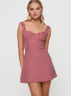 front view of model wearing Princess Polly Faubert Mini Dress Red Gingham Petite Sweetheart Neckline 