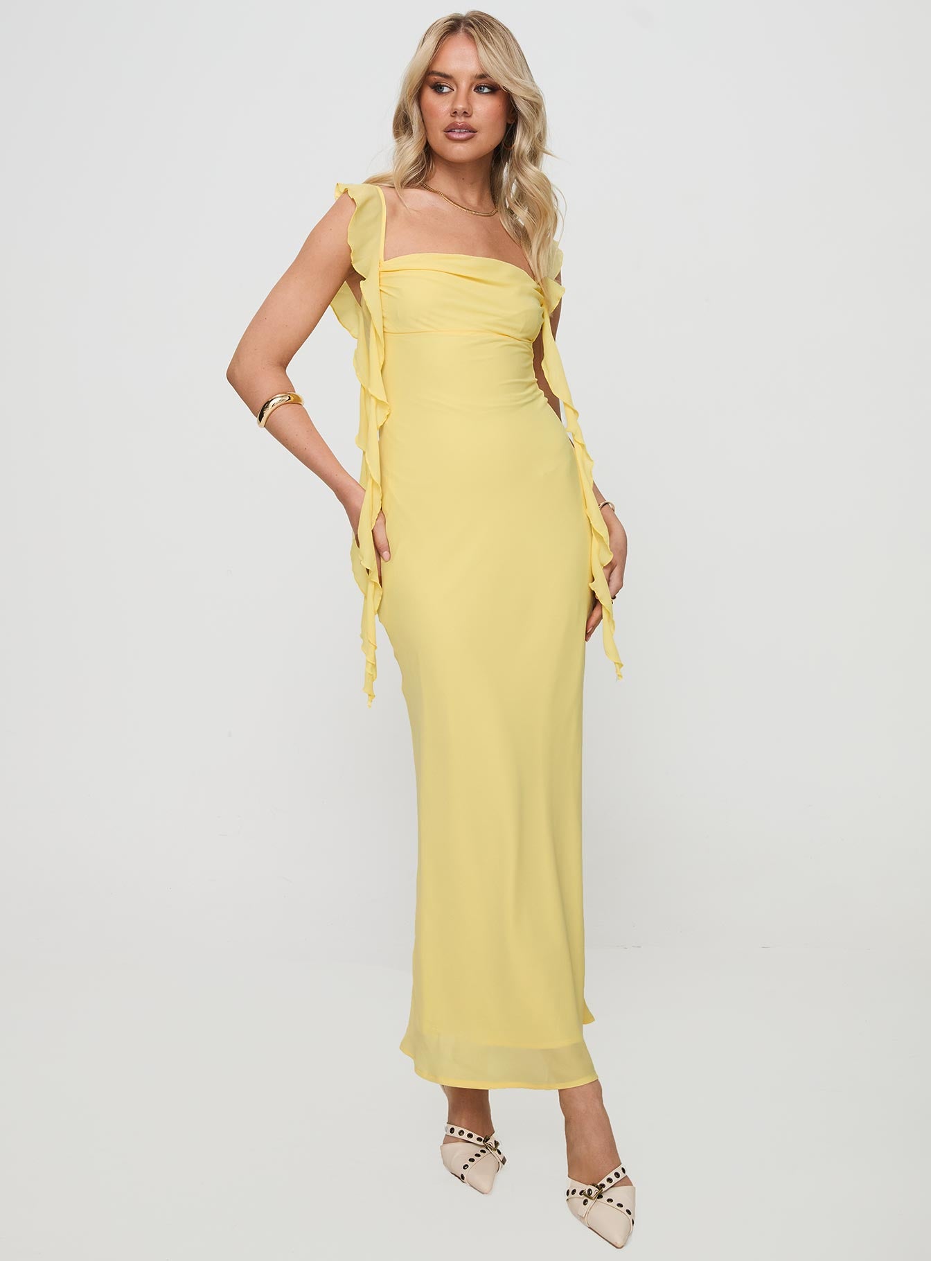 front view of model wearing Princess Polly Lanai Maxi Dress Lemon Square Neck 