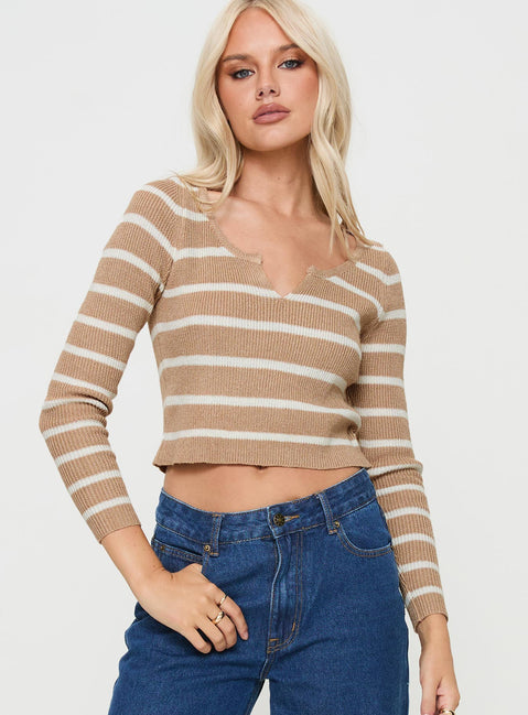 front view of model wearing Princess Polly Devis Long Sleeve Top Beige / White Full Sleeves V-Neck 