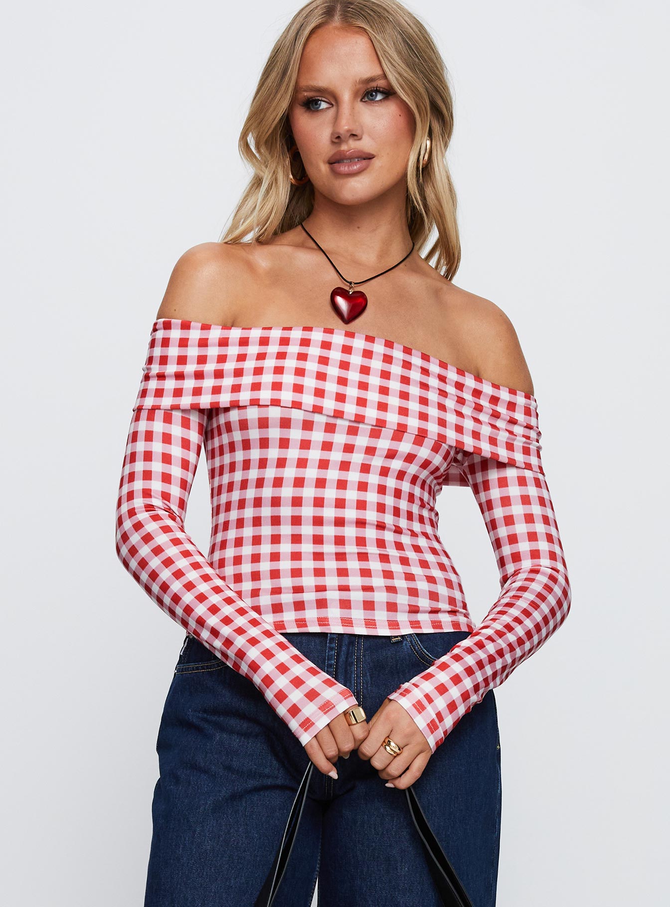 front view of model wearing Princess Polly Singular Off The Shoulder Long Sleeve Top Red Check Full Sleeves straight 