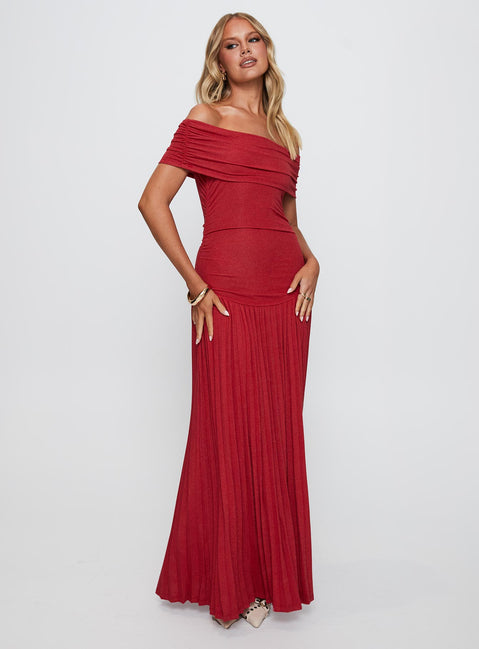 front view of model wearing Princess Polly Field Of Dreams Maxi Dress Crimson Straight Neck 