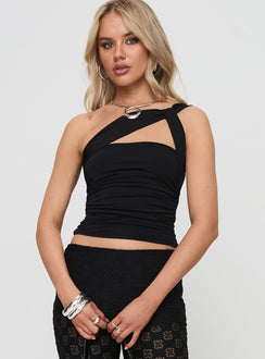 front view of model wearing Princess Polly Mullien Top Black Sleeveless Asymmetric Neckline 