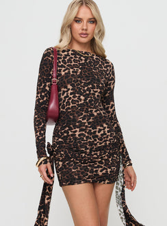 front view of model wearing Princess Polly Glory Mini Dress Leopard Boat Neck 
